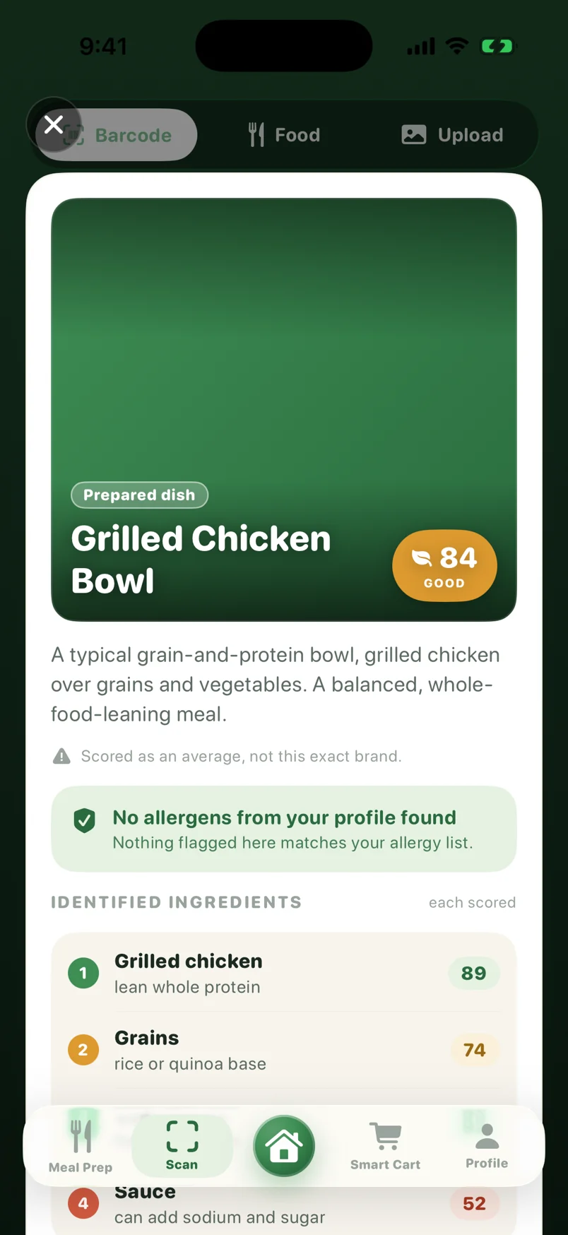 Meal recognized by the scanner with each ingredient scored
