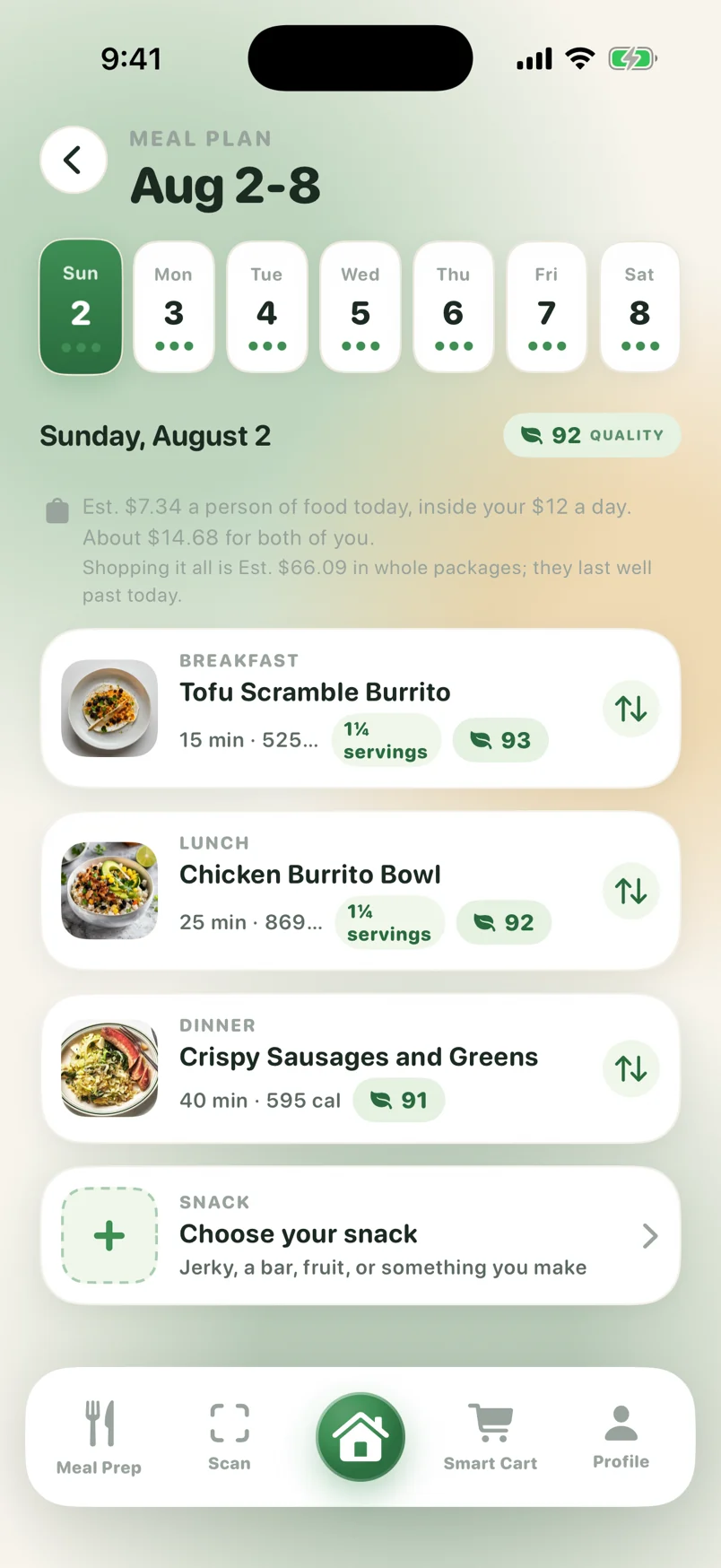 Weekly meal plan screen